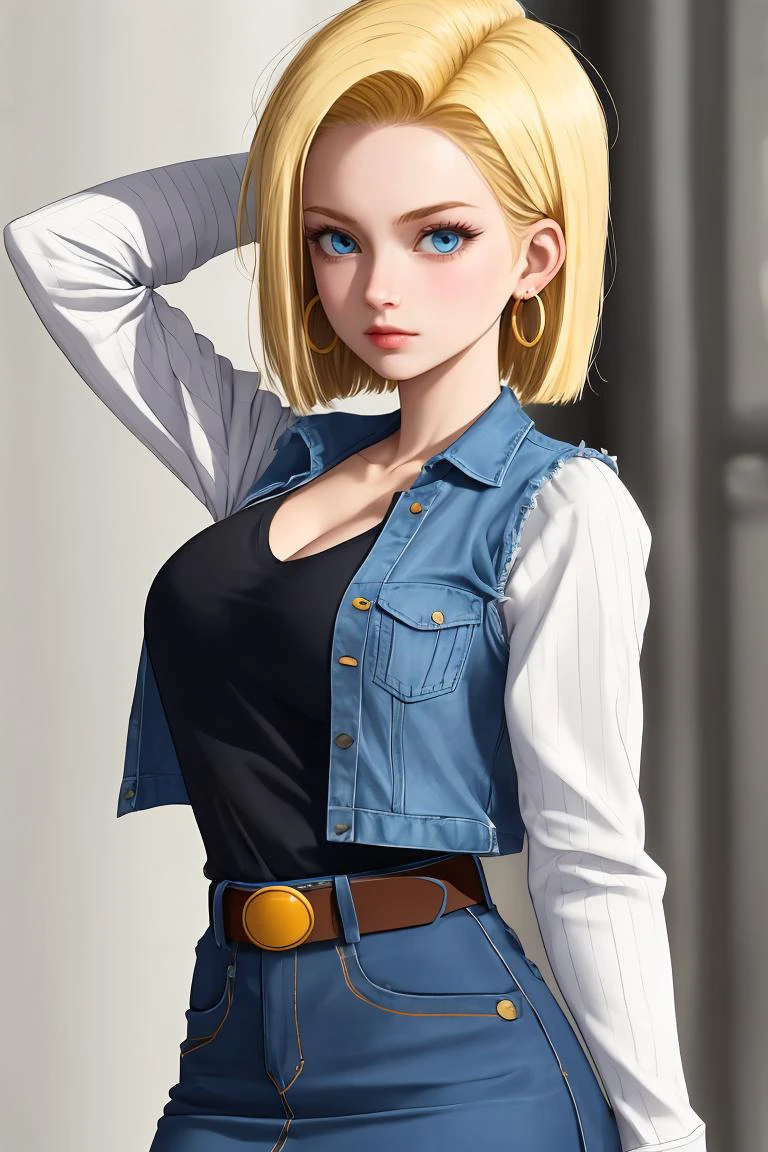 1girl,arms behind head, <lora:android18test:1> android 18, blonde hair, blue eyes, eyelashes, hoop earrings, short hair, earrings, belt, black legwear, black shirt, breast pocket, cleavage, collarbone, denim, denim skirt, high-waist skirt, jewelry, long sleeves, pocket, shirt, shirt tucked in, skirt, striped, striped sleeves, waistcoat,,