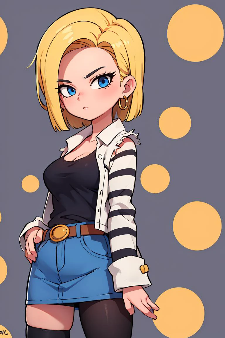 (masterpiece, best quality), 1girl, <lora:android18-lora-nochekaiser:1> android 18, blonde hair, blue eyes, eyelashes, hoop earrings, short hair, earrings belt, black legwear, black shirt, breast pocket, cleavage, collarbone, denim, denim skirt, high-waist skirt, jewelry, long sleeves, pocket, shirt, shirt tucked in, skirt, striped, striped sleeves, waistcoat,