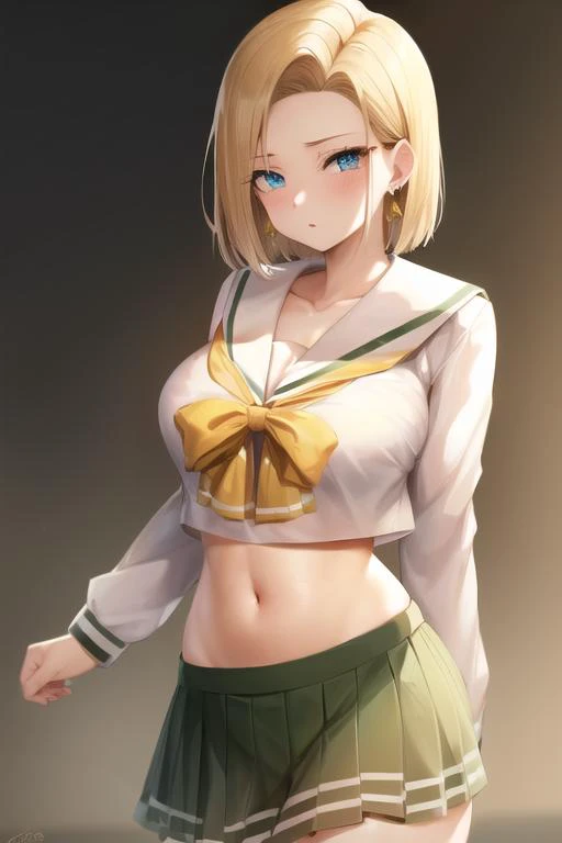 (masterpiece:1.0),(best_quality:1.0), ultra high res,4K,ultra-detailed, cowboy shot, <lora:android18test:1> android 18, blonde hair, blue eyes, eyelashes, hoop earrings, short hair, earrings, large breasts, <lora:pnkserafuku:1> pnkserafuku, long sleeves, pleated skirt, bow, yellow bow,navel,