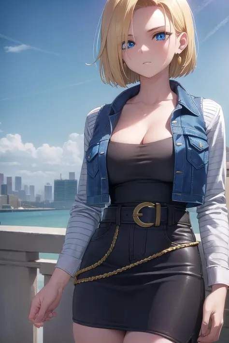 android18, <lora:android18-lora-nochekaiser:1>,
android 18, blonde hair, blue eyes, eyelashes, hoop earrings, short hair, earrings,
BREAK belt, black legwear, black shirt, breast pocket, cleavage, collarbone, denim, denim skirt, high-waist skirt, jewelry, long sleeves, pocket, shirt, shirt tucked in, skirt, striped, striped sleeves, waistcoat,,
BREAK outdoors, city, sky, cloud, sun,
BREAK looking at viewer, (cowboy shot:1.5),
BREAK <lyco:GoodHands-beta2:1>, (masterpiece:1.2), best quality, high resolution, unity 8k wallpaper, (illustration:0.8), (beautiful detailed eyes:1.6), extremely detailed face, perfect lighting, extremely detailed CG, (perfect hands, perfect anatomy),