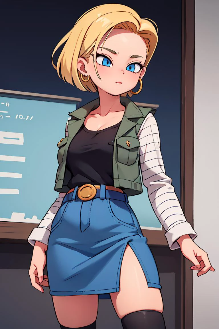 (masterpiece, best quality), 1girl, <lora:android18-lora-nochekaiser:1> android 18, blonde hair, blue eyes, eyelashes, hoop earrings, short hair, earrings belt, black legwear, black shirt, breast pocket, cleavage, collarbone, denim, denim skirt, high-waist skirt, jewelry, long sleeves, pocket, shirt, shirt tucked in, skirt, striped, striped sleeves, waistcoat,