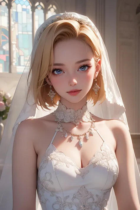(masterpiece, best quality, beautiful and aesthetic:1.3), 1girl, solo, light smile, portrait, looking at viewer, android 18, blonde hair, blue eyes, eyelashes, hoop earrings, short hair, earrings, <lora:android18-lora-nochekaiser:0.8>, (wedding dress, bridal veil, intricate embroidery on dress, medium breasts:1.2), jewelry, necklace, stained glass background, flowers, europe architecture background, indoors