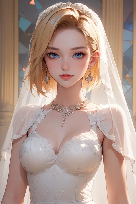 (masterpiece, best quality, beautiful and aesthetic:1.3), 1girl, solo, light smile, portrait, looking at viewer, android 18, blonde hair, blue eyes, eyelashes, hoop earrings, short hair, earrings,  <lora:android18-lora-nochekaiser:0.8>, (wedding dress, bridal veil, intricate embroidery on dress, medium breasts:1.2), jewelry, necklace, stained glass background, flowers, europe architecture background, indoors