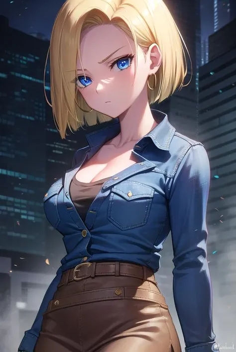 android18, <lora:android18-lora-nochekaiser:1>,
android 18, blonde hair, blue eyes, eyelashes, hoop earrings, short hair, earrings,
BREAK belt, black legwear, black shirt, breast pocket, cleavage, collarbone, denim, denim skirt, high-waist skirt, jewelry, long sleeves, pocket, shirt, shirt tucked in, skirt, striped, striped sleeves, waistcoat,,
BREAK outdoors, city, sky, cloud, sun,
BREAK looking at viewer, (cowboy shot:1.5),
BREAK <lyco:GoodHands-beta2:1>, (masterpiece:1.2), best quality, high resolution, unity 8k wallpaper, (illustration:0.8), (beautiful detailed eyes:1.6), extremely detailed face, perfect lighting, extremely detailed CG, (perfect hands, perfect anatomy),