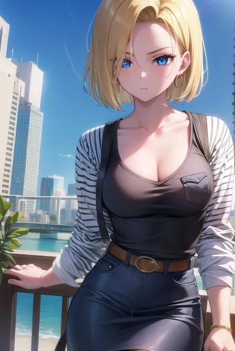 android18, <lora:android18-lora-nochekaiser:1>,
android 18, blonde hair, blue eyes, eyelashes, hoop earrings, short hair, earrings,
BREAK belt, black legwear, black shirt, breast pocket, cleavage, collarbone, denim, denim skirt, high-waist skirt, jewelry, long sleeves, pocket, shirt, shirt tucked in, skirt, striped, striped sleeves, waistcoat,,
BREAK outdoors, city, sky, cloud, sun,
BREAK looking at viewer, (cowboy shot:1.5),
BREAK <lyco:GoodHands-beta2:1>, (masterpiece:1.2), best quality, high resolution, unity 8k wallpaper, (illustration:0.8), (beautiful detailed eyes:1.6), extremely detailed face, perfect lighting, extremely detailed CG, (perfect hands, perfect anatomy),