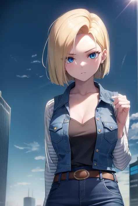 Best quality, A high resolution, and18, 1girl in, Android 18, Solo, Blonde hair, Blue eyes, Short hair, Earrings, jewelry, denim vest, Open vest, Black pantyhose, Black shirt, Denim skirt, Striped long sleeves, Blue skirt, Medium breasts, Cowboy shot, street, (Externally expanded Chest: 1.2)