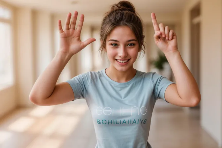 photo of a 18 year old girl,happy,laughing,shirt,ray tracing,detail shadow,shot on Fujifilm X-T4,85mm f1.2,depth of field,blurry background,bokeh,motion blur,<lora:add_detail:1>,