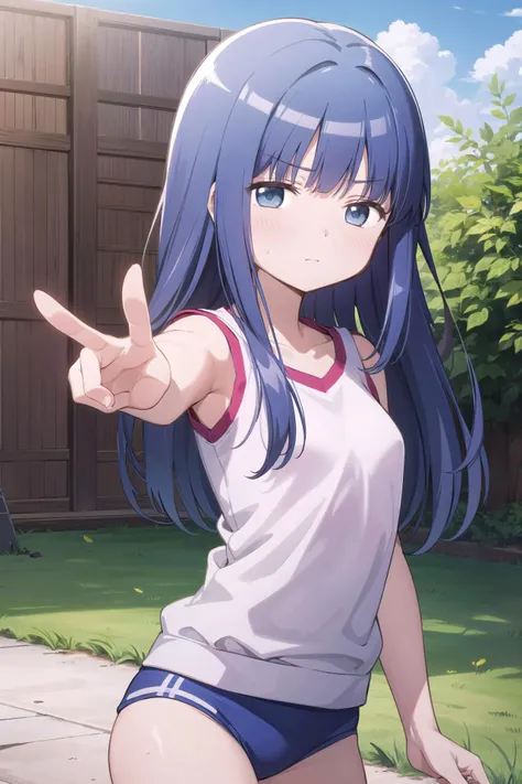 1girl, solo, masterpiece, best quality,
      <lora:yachiyo-madomagi-01:0.6>,
      sweat, magia record: mahou shoujo madoka magica gaiden, yachiyo nanami, nanami yachiyo, blue eyes, tareme, blue hair, dark blue hair, long hair, hime cut, straight hair, blunt bangs, hair intakes, blunt ends, sidelocks, gym uniform, gym shirt, white shirt, sleeveless, sleeveless shirt, collarbone, bare arms, small breasts, buruma, bare legs,
      reaching towards viewer,
      cowboy shot, looking at viewer,
      blush, expressionless,
      outdoors