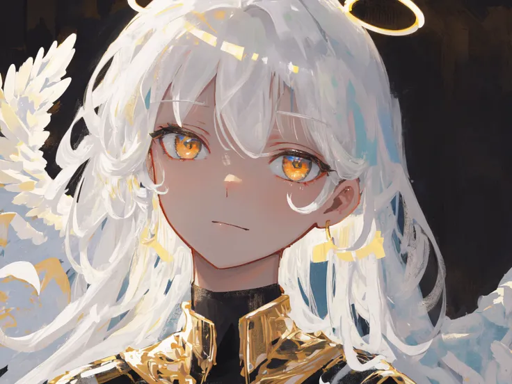 masterpiece, best quality, ultra-detailed, illustration, close-up, straight on, face focus, 1girl, white hair, golden eyes, long hair, halo, angel wings, serene expression, looking at viewer