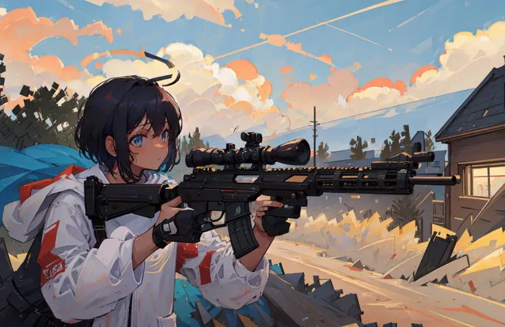 (masterpiece, best quality),1girl, solo, desert city background, outdoors, street wear clothing, short hair, night sky, cloud, black short hair , tanned skin, tanned face, wing, flying, glowing halo, depth of field, cinematic, looking at camera,(holding, holding_gun:1.0), from side,looking at viewer, (assault rifle, gun, machine gun, rifle, weapon:1.2,scope), (trigger_discipline:1.2), (aiming:1.3) <lora:9k GUN:0.3>