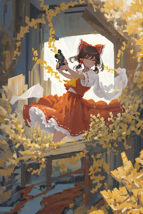 best quality, masterpiece, illustration, reimu hakurei, red dress, yellow neckerchief, ribbon, (gun:1.5), aiming at viewer, mksks pose, gun, holding_gun