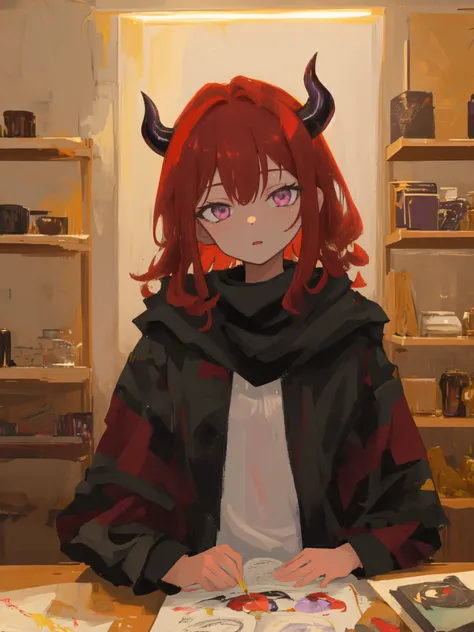 mksks style, masterpiece, detailed background, best quality, upper body, 1girl, looking at viewer, red hair, medium hair, purple eyes, demon horns, black coat, indoors, dimly lit