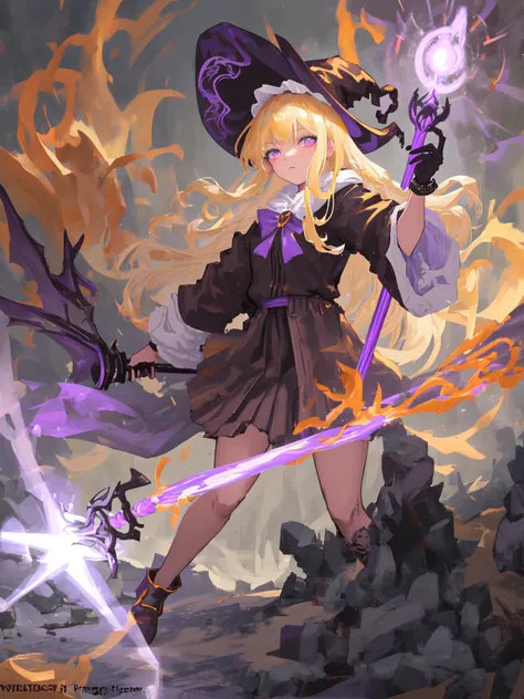 masterpiece, best quality, ultra-detailed, illustration, 1girl, witch hat, purple eyes, blonde hair, wielding a purple staff blasting purple energy, purple beam, purple effects, dragons, chaos