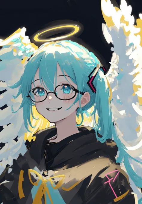 mksks style, masterpiece, best quality, ultra-detailed, illustration, portrait, 1girl, hatsune miku, angel wings, halo, close-up, smiling face, streetwear style, (sky background), black cloth , glasses