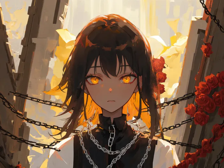 masterpiece, best quality, ultra-detailed, illustration, close-up, straight on, 1girl, black hair, yellow eyes, red roses, chains