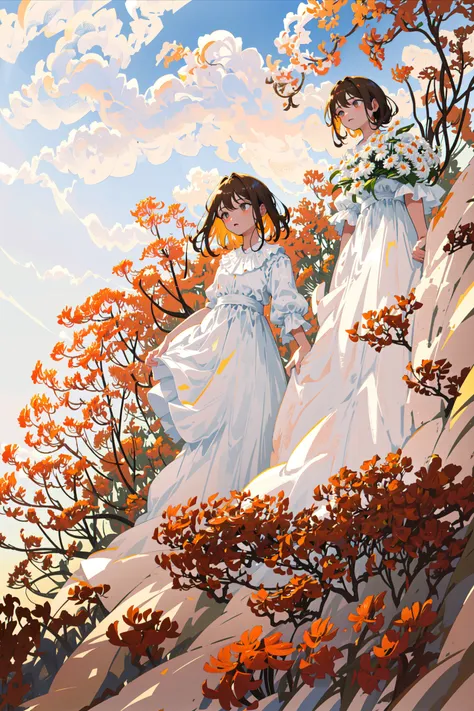 (masterpiece:1.2), (best quality:1.2),
sky, beautiful detailed sky, cloud, morning,beautiful detailed sky,
(1girl:1.2), upper body,(beautiful face,beautiful eyes:1.0), white long dress,brown eyes,  long dress,
from below,spider lily,lens flare abuse, (surface light: 1.2),
cinematic light, realistic shadow,(god rays: 1.3)