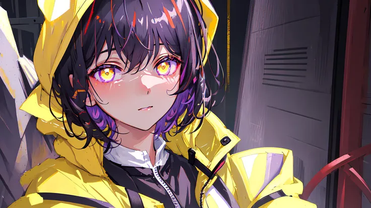 masterpiece, best quality, ultra-detailed, illustration, portrait, 1girl, close-up, straight, 1 girl, black hair, short hair, yellow glowing eyes, purple jacket