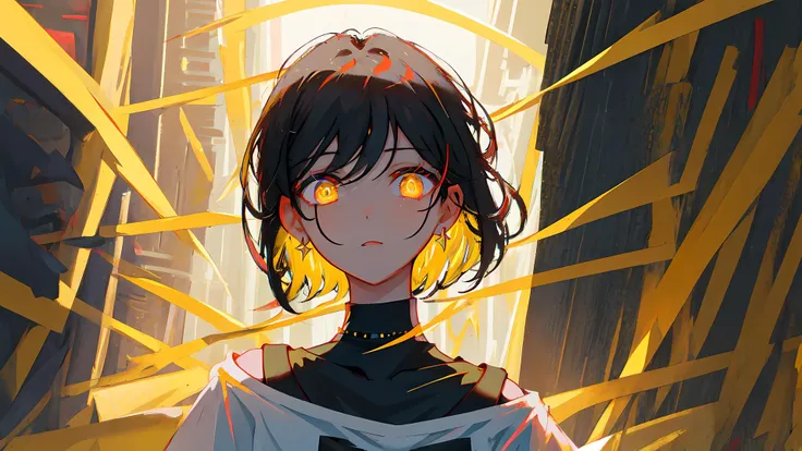 masterpiece, best quality, ultra-detailed, illustration, portrait, 1girl, close-up, straight, 1 girl, black hair, short hair, yellow glowing eyes, black T-shirt, choker on the neck, earrings in the ears