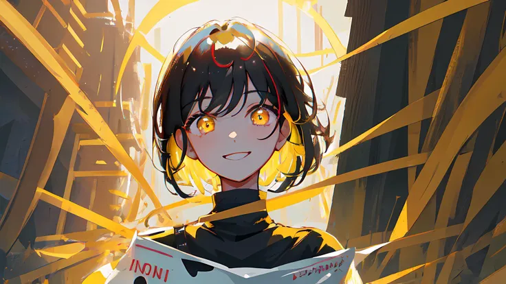 masterpiece, best quality, ultra-detailed, illustration, portrait, 1girl, close-up, straight, 1 girl, black hair, short hair, yellow glowing eyes, black T-shirt, smile