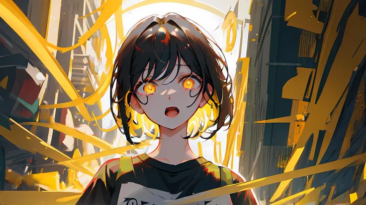 masterpiece, best quality, ultra-detailed, illustration, portrait, 1girl, close-up, straight, 1 girl, black hair, short hair, yellow glowing eyes, black T-shirt, half-open mouth