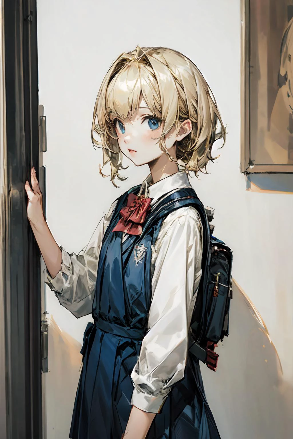 (masterpiece,best quality:1.5), 1girl, cowboy shot, (blonde hair:1.3), short hair, wavy hair, looking at viewer,vest, school uniform, logo, backpack, JKvskt, <lora:JKvestskirtLora_v2:0.8> <lora:InstantPhotoX3:0.55> <lora:add_detail:1>