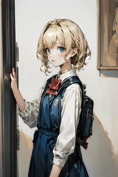 (masterpiece,best quality:1.5), 1girl, cowboy shot, (blonde hair:1.3), short hair, wavy hair, looking at viewer,vest, school uniform, logo, backpack, JKvskt,  <lora:JKvestskirtLora_v2:0.8>   <lora:InstantPhotoX3:0.55>  <lora:add_detail:1>