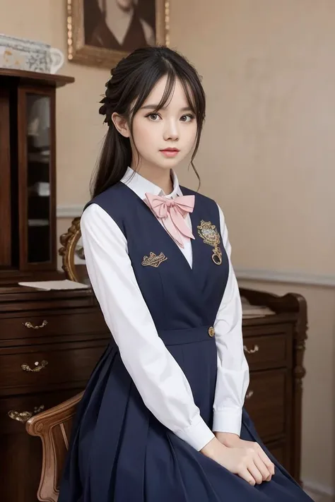 1girl, solo, fair skin, parted lips, half length, 8k, ultra high res, ultra detailed, best quality, looking at viewer, perfect lighting, flat light, ultra high quality, ultra high res, masterpiece, photorealistic, detailed face, perfect anatomy, vest, school uniform, night time setting, JKvskt, <lora:JKvestskirtLora_v2:0.8>