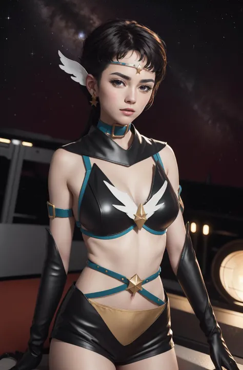 (extremely detailed CG unity 8k wallpaper), (ultra-detailed), masterpiece, best quality, 1girl, starfighter, galaxy background, looking at viewer, cowboy shot, sitting