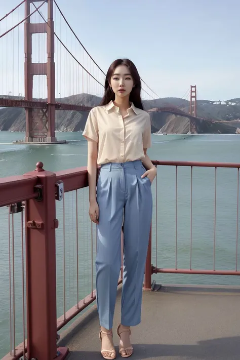 <lora:yangjeehyeon_obj20:0.5  >, full_body, standing, sandals, (shirt), pants, (golden gate bridge), (yangjeehyeon: 1.2), perfect face, (contact iris: 1.1), pale skin, skin pores , depth of field