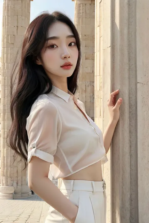 <lora:yangjeehyeon_obj20:0.6 >, full_body, standing, sandals, (shirt), pants, (brandenburg gate), (yangjeehyeon: 1.2), perfect face, (contact iris: 1.1), pale skin, skin pores , depth of field