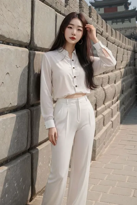 <lora:yangjeehyeon_obj20:0.5 >, full_body, standing, sandals, (shirt), pants, (great wall of china), (yangjeehyeon: 1.2), perfect face, (contact iris: 1.1), pale skin, skin pores , depth of field