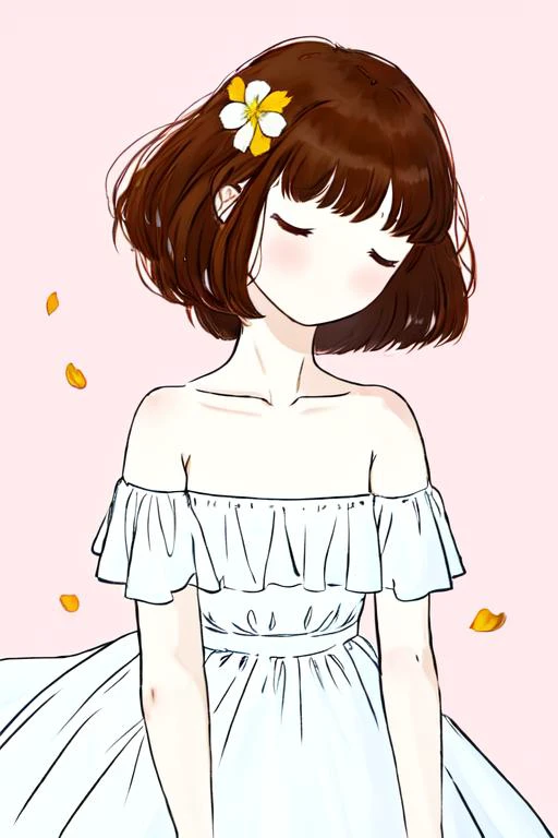 guava, 1girl, solo, dress, pink background, brown hair, closed eyes, short hair, leaf, simple background, off shoulder, flower, off-shoulder dress, white flower, fruit, petals, bare shoulders, no mouth, food, white dress,
 <lora:[LoCon] Guava Style:1>