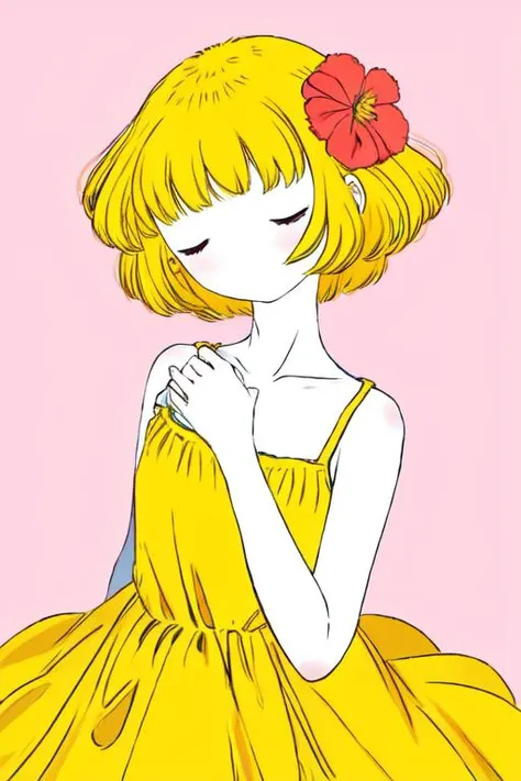 guava, 1girl, solo, closed eyes, yellow dress, hair ornament, short hair, pink background, pink flower, sleeveless, hand up, dress, flower, upper body, hair flower, bangs, simple background, sleeveless dress,
 <lora:[LoCon] Guava Style:1>