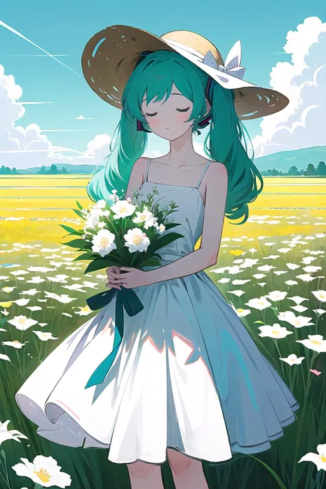 guava, 1girl, flower, dress, solo, hat, white dress, long hair, bouquet, white flower, holding, outdoors, field, white headwear, flower field, holding bouquet, skirt hold, standing, sun hat, ribbon, holding flower, hatsune miku, bow, aqua hair,light,sunlight,<lora:guava-pynoise-000008:1>