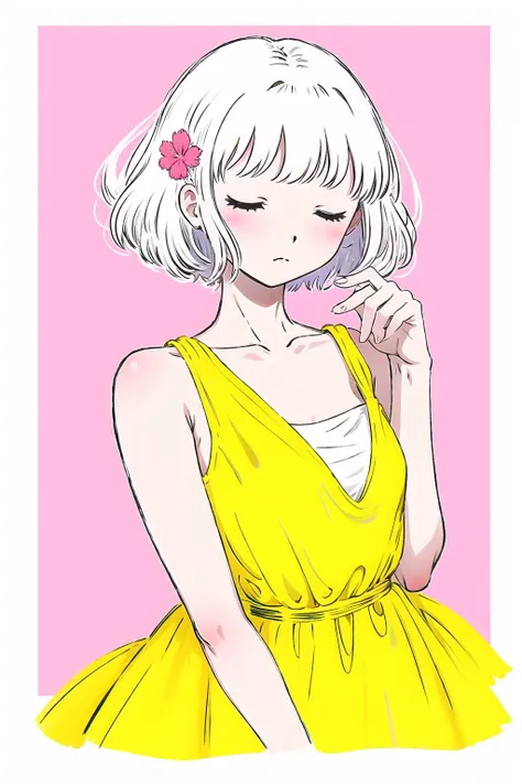 guava, 1girl, solo, closed eyes, yellow dress, hair ornament, short hair, pink background, pink flower, sleeveless, hand up, dress, flower, upper body, hair flower, bangs, simple background, sleeveless dress<lora:guava-pynoise-000008:1>