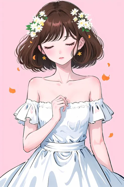 guava, 1girl, solo, dress, pink background, brown hair, closed eyes, short hair, leaf, simple background, off shoulder, flower, off-shoulder dress, white flower, fruit, petals, bare shoulders, no mouth, food, white dress <lora:guava-pynoise-000008:0.9>