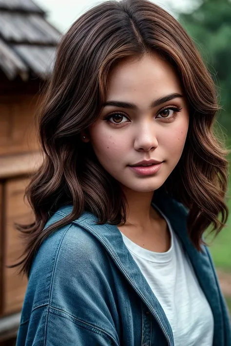 photo of beautiful (1valaw1:0.99), a woman with perfect hair, wearing Denim Blue (Poncho, Chino Shorts:1.1), (chicken coop:1.1), (happy:1.1), (closeup portrait), modelshoot style, (extremely detailed CG unity 8k wallpaper), professional majestic photography, (Leica M6 Camera), 24mm, exposure blend, hdr, faded, extremely intricate, High (Detail:1.1), Sharp focus, dramatic, soft cinematic light, (looking at viewer), (detailed pupils), 4k textures, elegant, ((((cinematic look)))), soothing tones, insane details, hyperdetailed, low contrast, (epicPhoto)