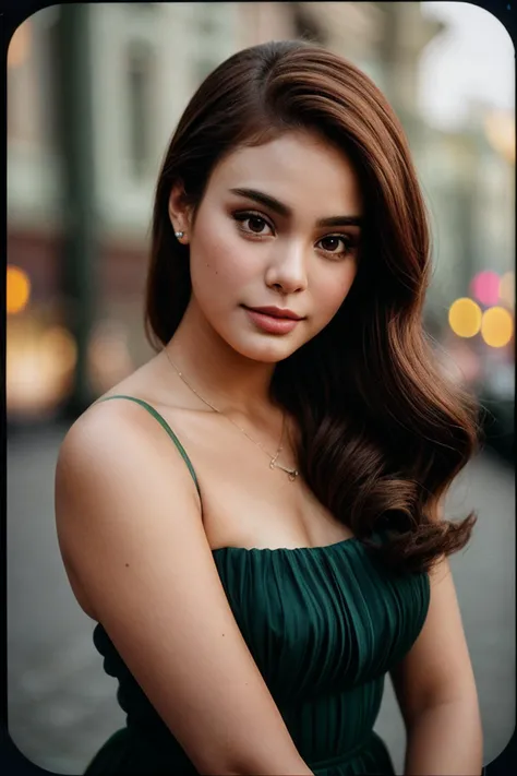 photo of (1valaw1:0.99), closeup portrait, perfect hair, hair upsweep updo, posing, (color photo, dress), polaroid frame, 160mm f/8, 1/10s, ISO 25, ((tintype)), (analog, film, film grain:1.3), ((on a Moscow street, night, gritty)), 80s, ((detailed eyes)), (seductive pose), epicPhoto