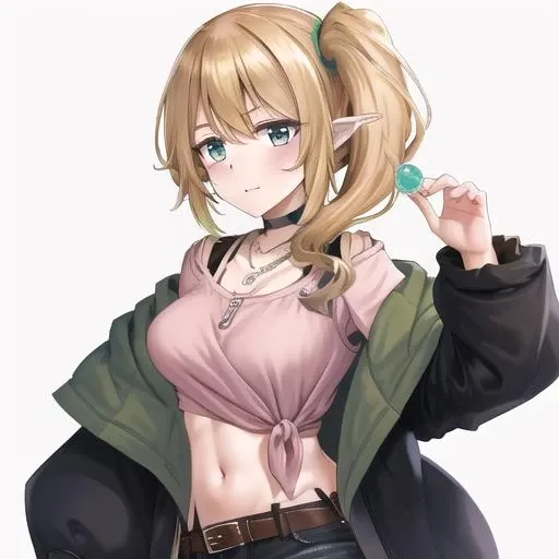 (masterpiece, best quality:1.2),illustration,8k,hd,1girl,solo,upper body,(portrait:1.2),green eyes,side ponytail,brown hair,jacket,tied shirt,pink shirt,belt,choker,long hair,midriff,necklace,jewelry,off shoulder,green jacket,denim shorts,breasts,long sleeves,black shorts,black choker,bangs,<lora:Kuroe(Casual wear)-V1>,