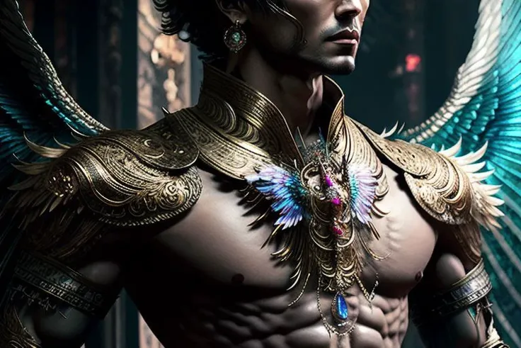((((1boy , medium full shot :1.5)))),(8k, RAW photo, best quality, masterpiece:1.2), (realistic, photo-realistic:1.4), (extremely detailed CG unity 8k wallpaper) , (( photo of handsome male Garud huge body top half of the man. handsome face, The lower half is hummingbird. wearing Haute Couture thai style , detailed intricate ornate armour, Very realistic, decaying, cybernetic, celebration costume, jewellery, adorned with iridescent gems :: standing inside a thai buddhist temple, angel, by thawan duchanee and chalermchai kositpipat stylel :1.4)),((super biggest muscle chest )), ((muscular arms and a broad chest, strong, athletic, muscle:1.3 )), hyper detailed, soft lighting, strong backlight, beautiful lighting , hyperreal, front shot, ((random photorealistic full pose :1.3)),(day scene:1.2) 4k, cinematic, widescreen, zoom out, intricate detail, finely detailed, hyper detailed, insane details, centered, epic composition, smooth, extreamly realistic, cenematic, attractive beautiful, hyper realistic, photographed by Canon EOS 6D Mark II RF