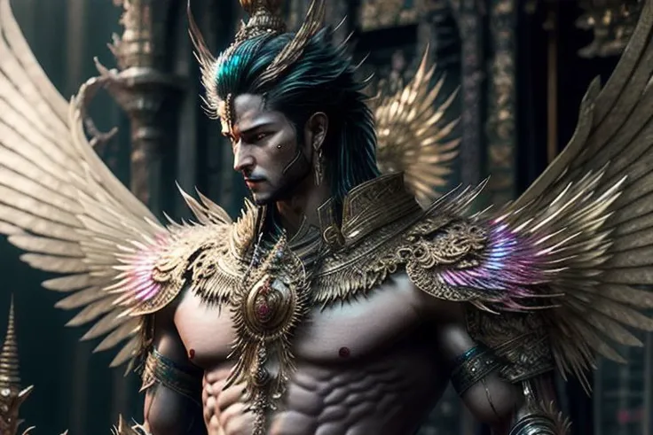 ((((1boy , full shot :1.5)))),(8k, RAW photo, best quality, masterpiece:1.2), (realistic, photo-realistic:1.4), (extremely detailed CG unity 8k wallpaper) , ((   photo of handsome male Garud huge body top half of the man. handsome face, The lower half is hummingbird. wearing Haute Couture thai style , detailed intricate ornate armour, Very realistic, decaying, cybernetic, celebration costume, jewellery, adorned with iridescent gems :: standing inside a thai buddhist temple, angel, by thawan duchanee and chalermchai kositpipat stylel :1.4)),((super biggest muscle chest )), ((muscular arms and a broad chest, strong, athletic, muscle:1.3 )), hyper detailed, soft lighting, strong backlight, beautiful lighting , hyperreal, front shot, ((random photorealistic full pose :1.3)),(day scene:1.2) 4k, cinematic, widescreen, zoom out, intricate detail, finely detailed, hyper detailed, insane details, centered, epic composition, smooth, extreamly realistic, cenematic, attractive beautiful, hyper realistic, photographed by Canon EOS 6D Mark II RF