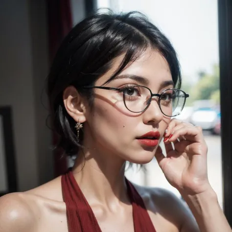 a woman with glasses, straight short black hair, red lips and earrings, american shot