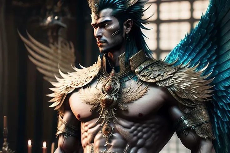 ((((1boy , full shot :1.5)))),(8k, RAW photo, best quality, masterpiece:1.2), (realistic, photo-realistic:1.4), (extremely detailed CG unity 8k wallpaper) , (( photo of handsome male Garud huge body top half of the man. handsome face, The lower half is hummingbird. wearing Haute Couture thai style , detailed intricate ornate armour, Very realistic, decaying, cybernetic, celebration costume, jewellery, adorned with iridescent gems :: standing inside a thai buddhist temple, angel, by thawan duchanee and chalermchai kositpipat stylel :1.4)),((super biggest muscle chest )), ((muscular arms and a broad chest, strong, athletic, muscle:1.3 )), hyper detailed, soft lighting, strong backlight, beautiful lighting , hyperreal, front shot, ((random photorealistic full pose :1.3)),(day scene:1.2) 4k, cinematic, widescreen, zoom out, intricate detail, finely detailed, hyper detailed, insane details, centered, epic composition, smooth, extreamly realistic, cenematic, attractive beautiful, hyper realistic, photographed by Canon EOS 6D Mark II RF