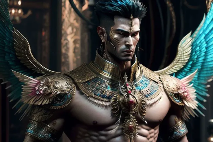 ((((1boy , medium full shot :1.5)))),(8k, RAW photo, best quality, masterpiece:1.2), (realistic, photo-realistic:1.4), (extremely detailed CG unity 8k wallpaper) , (( photo of handsome male Garud huge body top half of the man. handsome face, The lower half is hummingbird. wearing Haute Couture thai style , detailed intricate ornate armour, Very realistic, decaying, cybernetic, celebration costume, jewellery, adorned with iridescent gems :: standing inside a thai buddhist temple, angel, by thawan duchanee and chalermchai kositpipat stylel :1.4)),((super biggest muscle chest )), ((muscular arms and a broad chest, strong, athletic, muscle:1.3 )), hyper detailed, soft lighting, strong backlight, beautiful lighting , hyperreal, front shot, ((random photorealistic full pose :1.3)),(day scene:1.2) 4k, cinematic, widescreen, zoom out, intricate detail, finely detailed, hyper detailed, insane details, centered, epic composition, smooth, extreamly realistic, cenematic, attractive beautiful, hyper realistic, photographed by Canon EOS 6D Mark II RF