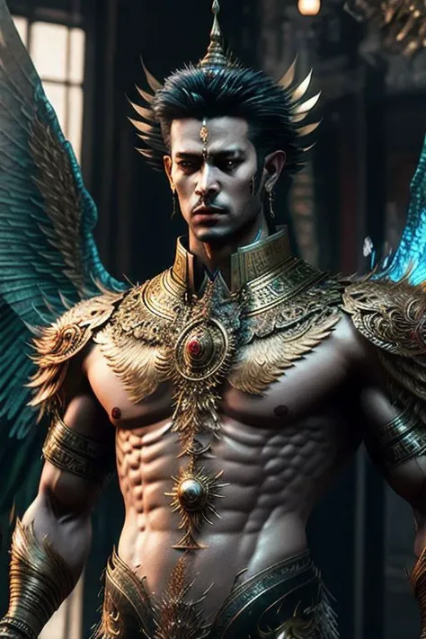 ((((1boy , medium shot :1.5)))),(8k, RAW photo, best quality, masterpiece:1.2), (realistic, photo-realistic:1.4), (extremely detailed CG unity 8k wallpaper) , (( photo of handsome male Garud huge body top half of the man. handsome face, The lower half is hummingbird. wearing Haute Couture thai style , detailed intricate ornate armour, Very realistic, decaying, cybernetic, celebration costume, jewellery, adorned with iridescent gems :: standing inside a thai buddhist temple, angel, by thawan duchanee and chalermchai kositpipat stylel :1.4)),((super biggest muscle chest )), ((muscular arms and a broad chest, strong, athletic, muscle:1.3 )), hyper detailed, soft lighting, strong backlight, beautiful lighting , hyperreal, front shot, ((random photorealistic full pose :1.3)),(day scene:1.2) 4k, cinematic, widescreen, zoom out, intricate detail, finely detailed, hyper detailed, insane details, centered, epic composition, smooth, extreamly realistic, cenematic, attractive beautiful, hyper realistic, photographed by Canon EOS 6D Mark II RF