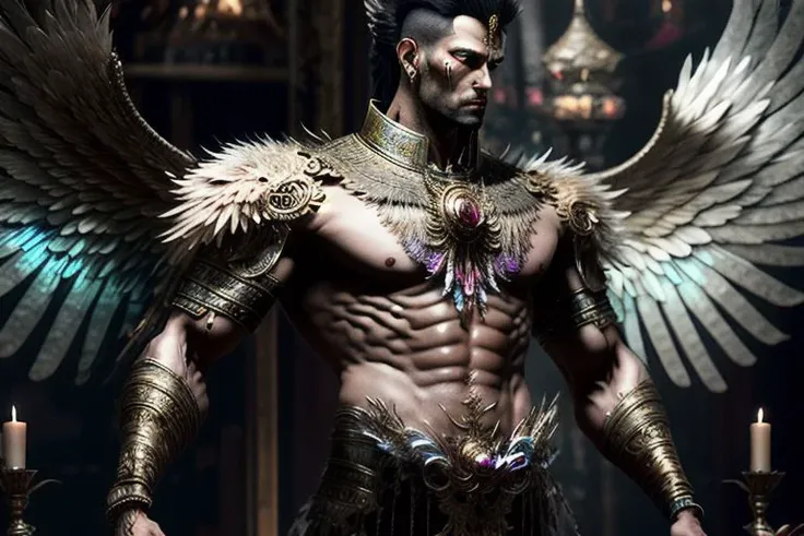 ((((1boy , medium shot :1.5)))),(8k, RAW photo, best quality, masterpiece:1.2), (realistic, photo-realistic:1.4), (extremely detailed CG unity 8k wallpaper) , (( photo of handsome male Garud huge body top half of the man. handsome face, The lower half is hummingbird. wearing Haute Couture thai style , detailed intricate ornate armour, Very realistic, decaying, cybernetic, celebration costume, jewellery, adorned with iridescent gems :: standing inside a thai buddhist temple, angel, by thawan duchanee and chalermchai kositpipat stylel :1.4)),((super biggest muscle chest )), ((muscular arms and a broad chest, strong, athletic, muscle:1.3 )), hyper detailed, soft lighting, strong backlight, beautiful lighting , hyperreal, front shot, ((random photorealistic full pose :1.3)),(day scene:1.2) 4k, cinematic, widescreen, zoom out, intricate detail, finely detailed, hyper detailed, insane details, centered, epic composition, smooth, extreamly realistic, cenematic, attractive beautiful, hyper realistic, photographed by Canon EOS 6D Mark II RF
