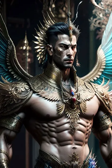 ((((1boy , full shot :1.5)))),(8k, RAW photo, best quality, masterpiece:1.2), (realistic, photo-realistic:1.4), (extremely detailed CG unity 8k wallpaper) , (( photo of handsome male Garud huge body top half of the man. handsome face, The lower half is hummingbird. wearing Haute Couture thai style , detailed intricate ornate armour, Very realistic, decaying, cybernetic, celebration costume, jewellery, adorned with iridescent gems :: standing inside a thai buddhist temple, angel, by thawan duchanee and chalermchai kositpipat stylel :1.4)),((super biggest muscle chest )), ((muscular arms and a broad chest, strong, athletic, muscle:1.3 )), hyper detailed, soft lighting, strong backlight, beautiful lighting , hyperreal, front shot, ((random photorealistic full pose :1.3)),(day scene:1.2) 4k, cinematic, widescreen, zoom out, intricate detail, finely detailed, hyper detailed, insane details, centered, epic composition, smooth, extreamly realistic, cenematic, attractive beautiful, hyper realistic, photographed by Canon EOS 6D Mark II RF