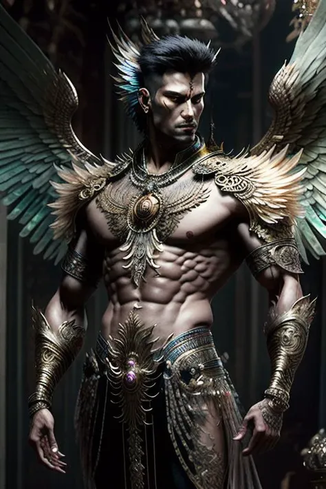 ((((1boy , medium shot :1.5)))),(8k, RAW photo, best quality, masterpiece:1.2), (realistic, photo-realistic:1.4), (extremely detailed CG unity 8k wallpaper) , (( photo of handsome male Garud huge body top half of the man. handsome face, The lower half is hummingbird. wearing Haute Couture thai style , detailed intricate ornate armour, Very realistic, decaying, cybernetic, celebration costume, jewellery, adorned with iridescent gems :: standing inside a thai buddhist temple, angel, by thawan duchanee and chalermchai kositpipat stylel :1.4)),((super biggest muscle chest )), ((muscular arms and a broad chest, strong, athletic, muscle:1.3 )), hyper detailed, soft lighting, strong backlight, beautiful lighting , hyperreal, front shot, ((random photorealistic full pose :1.3)),(day scene:1.2) 4k, cinematic, widescreen, zoom out, intricate detail, finely detailed, hyper detailed, insane details, centered, epic composition, smooth, extreamly realistic, cenematic, attractive beautiful, hyper realistic, photographed by Canon EOS 6D Mark II RF