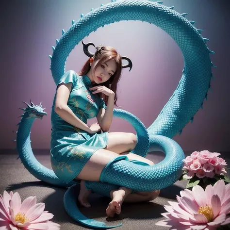illustration of a cyan chinese dragon surrounded by pink flowers, the dragon has a long body akin to a snake, his long body curls forming a elegant image, the dragon skin is scaled, the dragon has a beautiful color, the dragon has horns, traditional chinese image aesthetic, mythological creature, dream world, Anne Stokes, dragon art, a detailed painting, fantasy art,