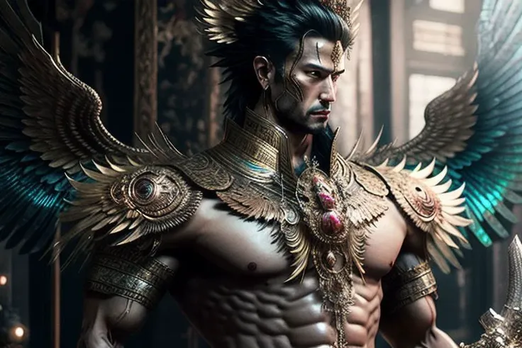 ((((1boy , medium shot :1.5)))),(8k, RAW photo, best quality, masterpiece:1.2), (realistic, photo-realistic:1.4), (extremely detailed CG unity 8k wallpaper) , (( photo of handsome male Garud huge body top half of the man. handsome face, The lower half is hummingbird. wearing Haute Couture thai style , detailed intricate ornate armour, Very realistic, decaying, cybernetic, celebration costume, jewellery, adorned with iridescent gems :: standing inside a thai buddhist temple, angel, by thawan duchanee and chalermchai kositpipat stylel :1.4)),((super biggest muscle chest )), ((muscular arms and a broad chest, strong, athletic, muscle:1.3 )), hyper detailed, soft lighting, strong backlight, beautiful lighting , hyperreal, front shot, ((random photorealistic full pose :1.3)),(day scene:1.2) 4k, cinematic, widescreen, zoom out, intricate detail, finely detailed, hyper detailed, insane details, centered, epic composition, smooth, extreamly realistic, cenematic, attractive beautiful, hyper realistic, photographed by Canon EOS 6D Mark II RF